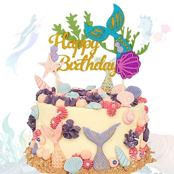 

First Happy Birthday Mermaid Glitter Cupcake Cake Topper My 1st 1 One Year Party Decorations Kids Baby Girl Mexican Supplies