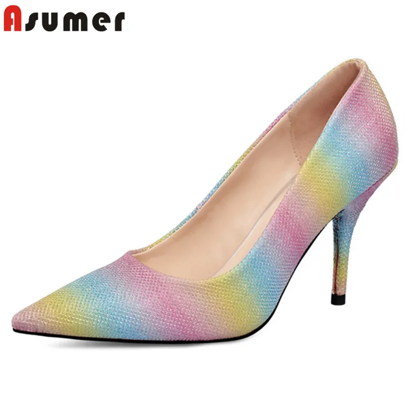 ASUMER/; женские туфли-лодочки; Разноцветные вечерние свадебные туфли на высоком тонком каблуке; женские туфли с острым носком; сезон весна-лето; большой размер 43