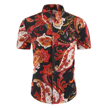 

Men Summer New Fashion Personality Casual Loose Short Sleeve Ethnic Style Vintage Print Button Down T-shirt Hawaiian Shirt*3