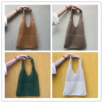 

2020 New Women Knitting Bag Hollow out Solid Color Large Capacity Shoulder Bag Fashion Casual Wool Knit Tote Bag Handbag