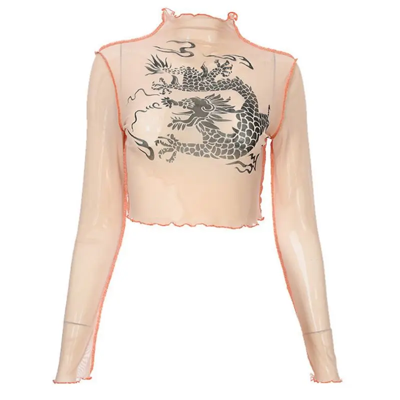 

Women Harajuku Long Sleeve Slim Crop Top Sexy Turtleneck See-Through Mesh T-Shirt Vintage Dragon Graphic Print Striped Ruffles S