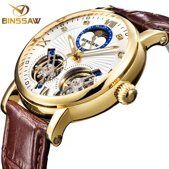 

BINSSAW Men Double Tourbillon Automatic Mechanical Business Watch Fashion Luxury Brand Leather Sports Watches Relogio Masculino