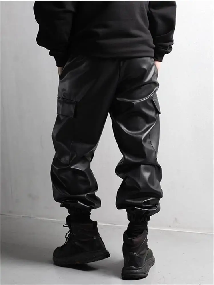 Men's Cargo Leather Pants Fall Winter Classic Pocket Decoration Loose Oversized