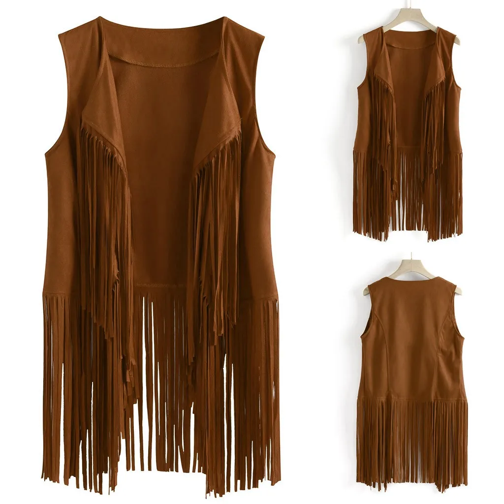 Women Autumn Winter Suede Ethnic Sleeveless Tassels Fringed Vest Cardigan