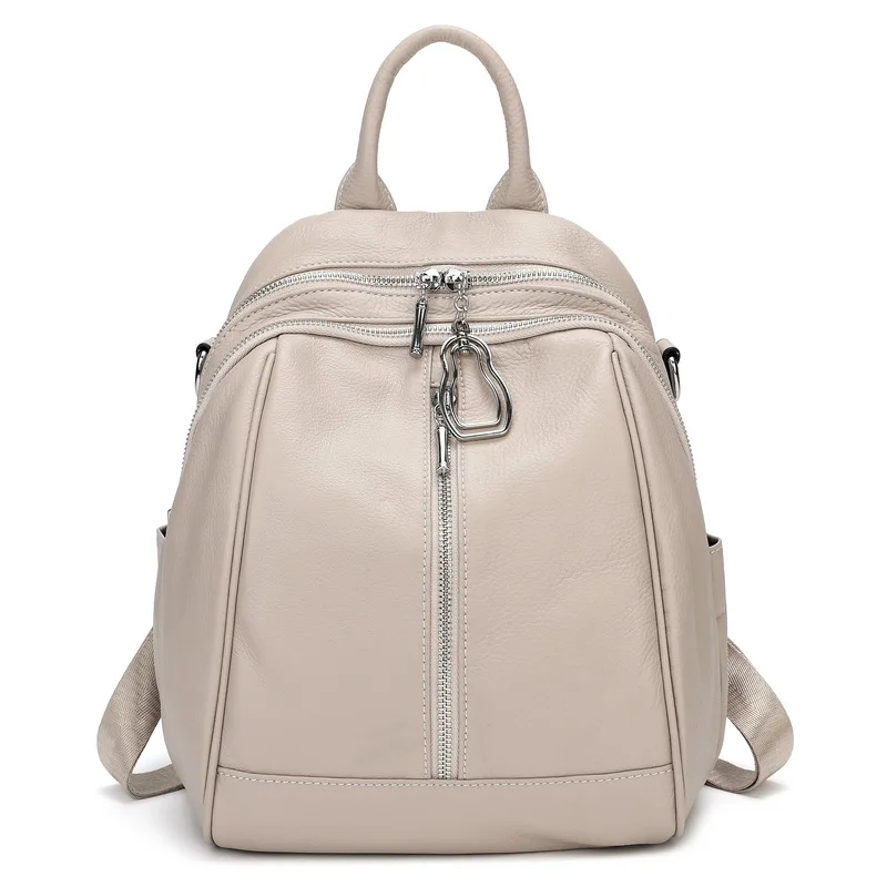 2022 NEW Silver Hardware Genuine Leather Women's Backpack Nature Calfskin Cowhide Large Capacity White Apricot Knapsack Rucksack 