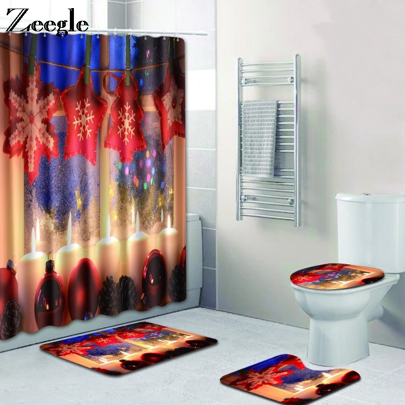 Zeegle Christmas Bath Mat and Shower Curtain Non Slip Bathroom Carpets Absorbent Toilet Pedestal Rug Waterproof Bathroom Curtain