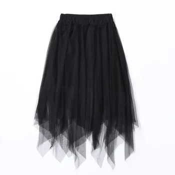 

Casual Tulle Skirts Women High Waist Mesh Skirt Hem Asymmetrical Pleated Midi Skirt Female Slim Black Casual New Summer Skirts