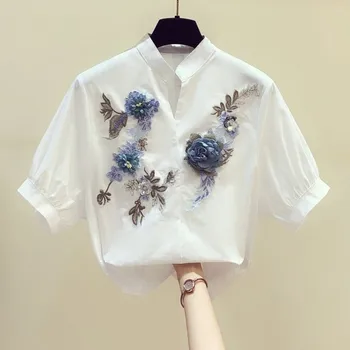 

Beaded Flower Embroidery Women Blouse 2020 Summer New V-Neck Short-Sleeved Loose Vintage High Quality Lady Pulls Outwear Tops