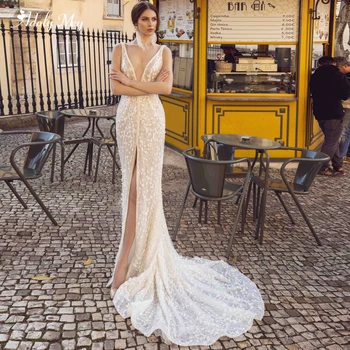 

Adoly Mey Designer Charming V-Neck Backless Lace Mermaid Wedding Dress 2020 Luxury Appliques Beaded Trumpet Bride Gown Plus Size