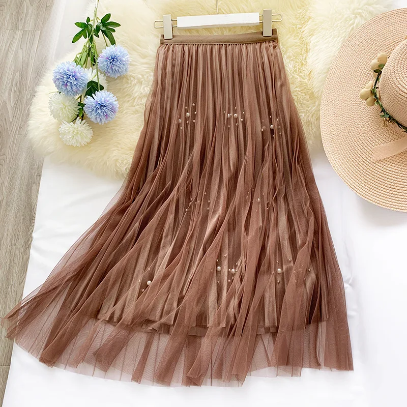 Women's Mesh Pleated Skirt Autumn Winter New Lady Temperament Skirt Korean Beading Velvet Mesh Skirt Long Skirts Falda ML356