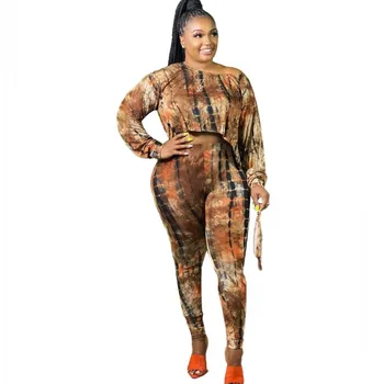 

Sexy Off Shoulder Two Piece Set For Wome Irregular Slash Neck Tops And Pencil Pants Outfits 2020 Autumn Fashion Print Lounge Set