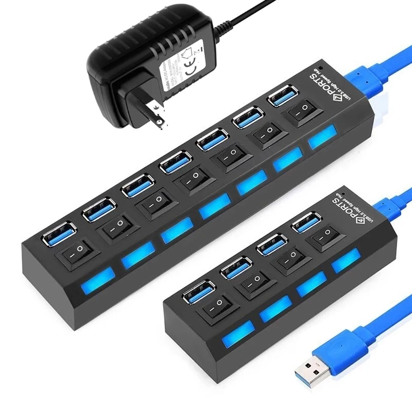 HUB USB 3,0 HUB Splitter USB Multi USB 3,0 2,0 HUB USB3.0 4/ 7 Puerto multipuerto Centro accesorios para PC con adaptador de alimentación para computadora