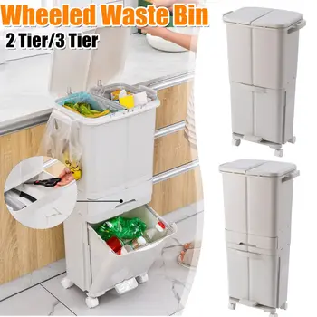 

2/3 Layers Large Garbage Trash Cans Kitchen Vertical Dry and Wet Waste Sorting Bins with Wheel Garbage Bag Holder Recyclable
