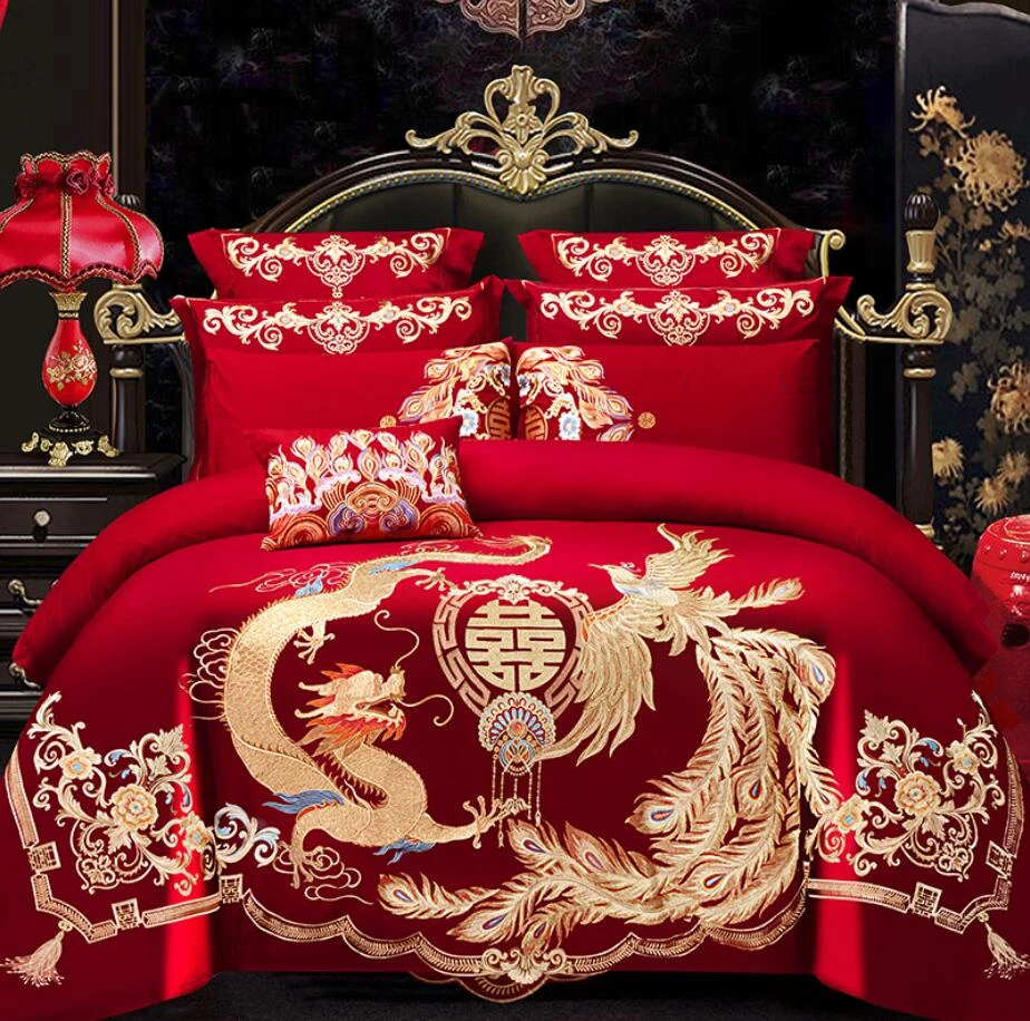 デラックスリネンセット,4または6ピース,綿のベッドシーツ,中国風の刺繍が施された赤い羽毛布団カバー,結婚式用,ホームテキスタイル|寝具セット| -  AliExpress