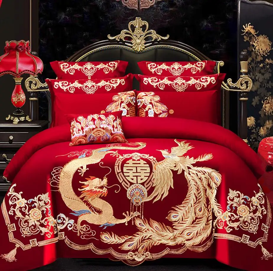 Buy 4/6Pcs Luxury Loong Phoenix Embroidery Red Duvet Cover Bed sheet Cotton Chinese Style Wedding Bed cover Bedding Set Home Textile