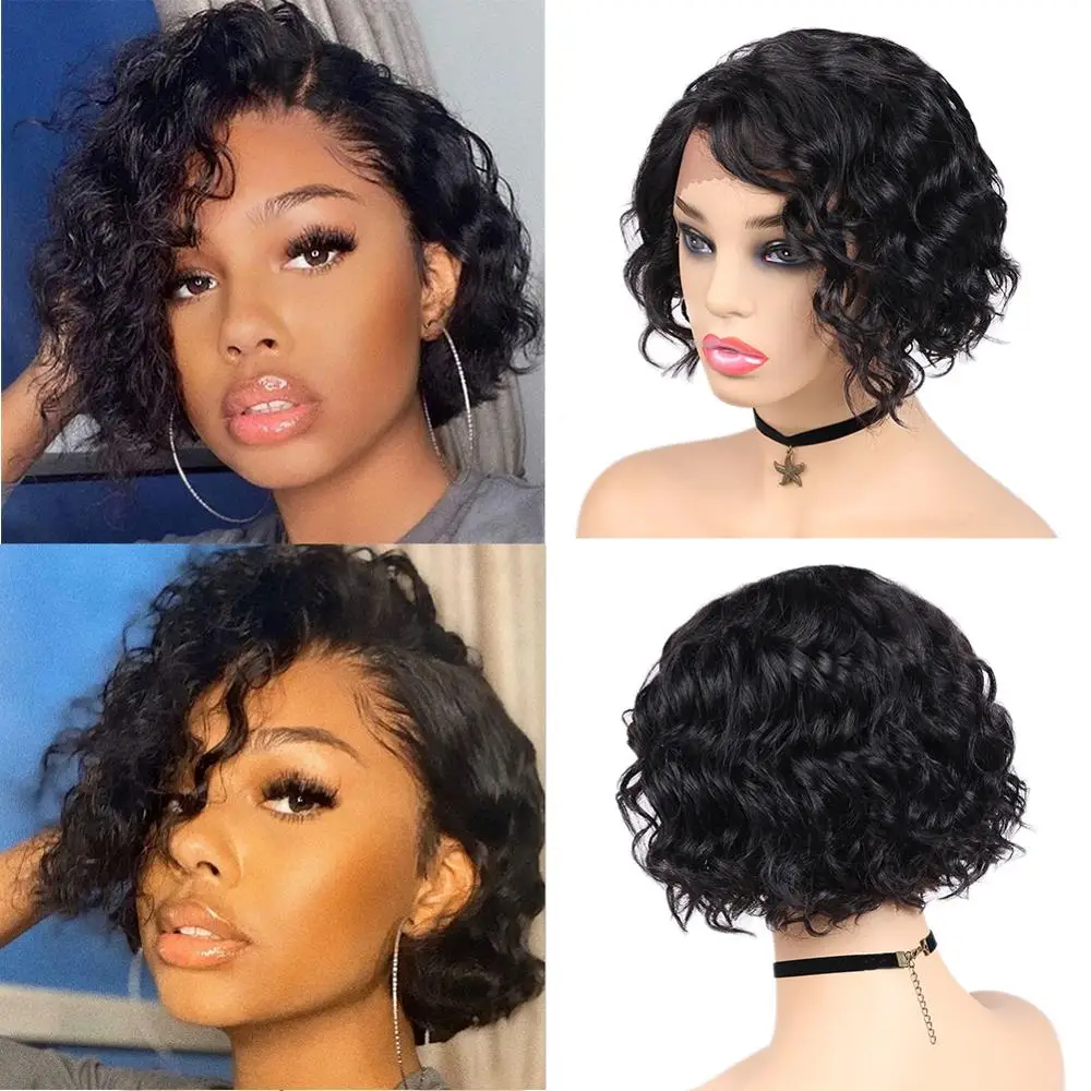 FAVE 100% Human Hair Wigs For Black Women Remy Short Brazilian Natural Wave Wigs Side Part Lace L Part Wig Short Black Wavy Hair