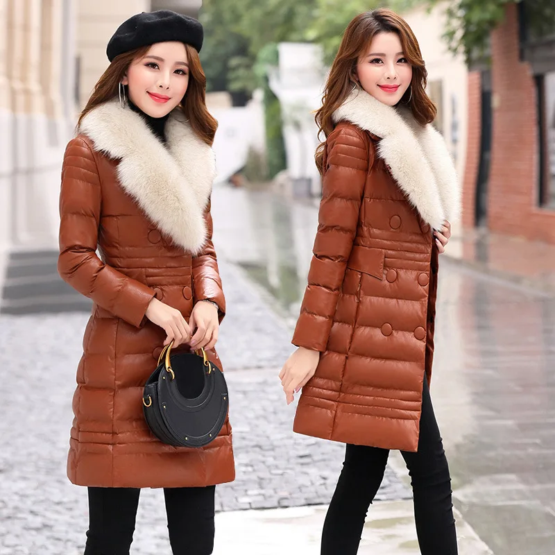 

PU Leather down Feather Cotton-padded Clothes Women's Mid-length Winter Korean-style Slim Fit Cotton Coat Net Red Fur Collar 201