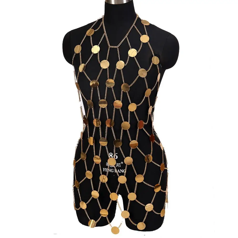 Sexy Sequins Dress Hollow Out Body Chain Metal Beach Bikini Top Cage Waist Belt Harness Boho Plus Size Women Jewelry Fashion
