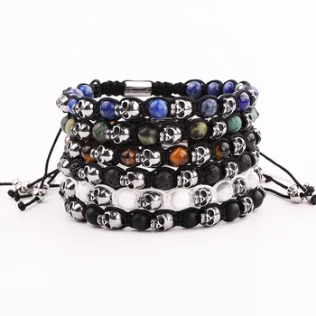 New Design Men Bracelet Male Jewelry Natural Stone Titanium Steel Skull Charm Braided Macrame Bracelet Men