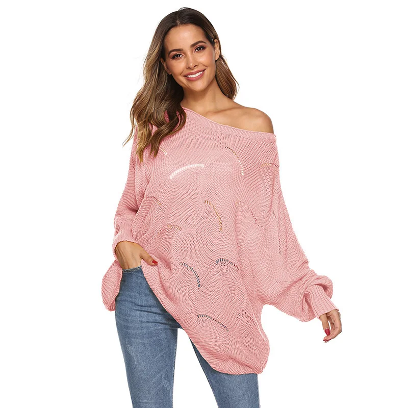 

New Fashion Round Neck Long-sleeved Solid Color Openwork Pattern Sweater Loose Irregular Hem Sweater Powder 2XL