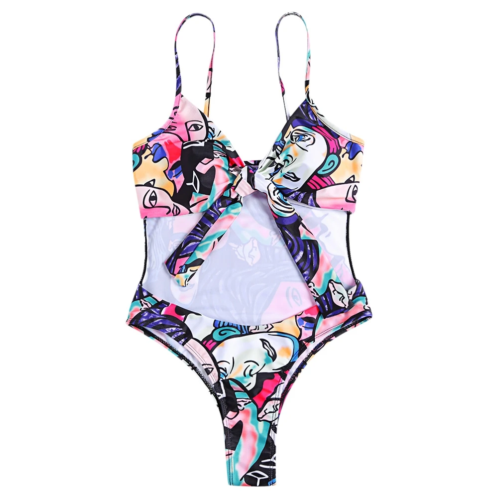 

Spaghetti Strap Padded Cut Out Tied Bowknot Print Women Swimsuit
