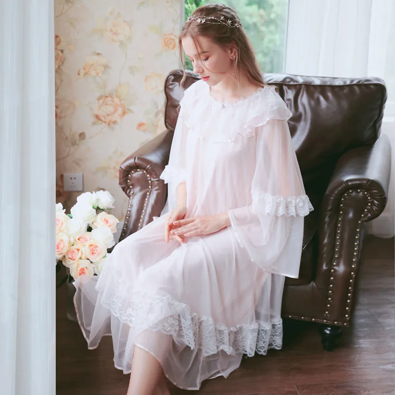 

2019 Sexy Victorian Sleep Wear Night Dress Vintage Nightgown Long Sleeve Nightdress Pink Cotton Sleepwear Women Nightshirt