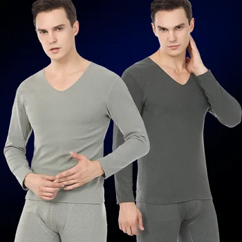 

Winter Men's Seamless Thermo Underwear Set Warm Plus Velvet V-neck Fever Fiber Thick Suit термобелье
