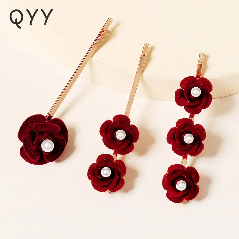 Handmade Flower Hair Clips for Women Pearl Headpiece Wedding Accessories Jewelry 3pcs Vintage Hair Ornaments Bridal Rose Hairpin