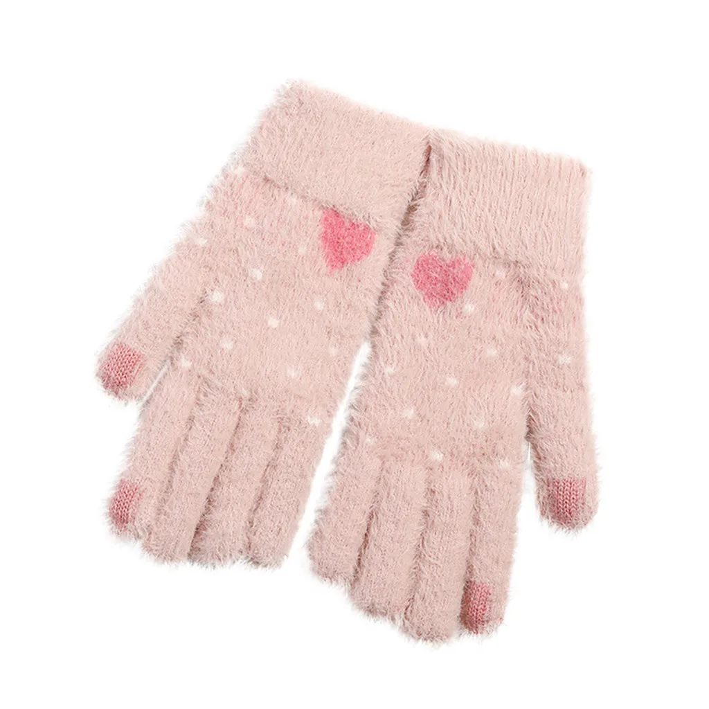 Pink Женские зимние перчатки для сенсорного экрана, милые зимние вязаные перчатки на полный палец, мягкие многофункциональные теплые плюшевые перчатки - Цвет: Pink