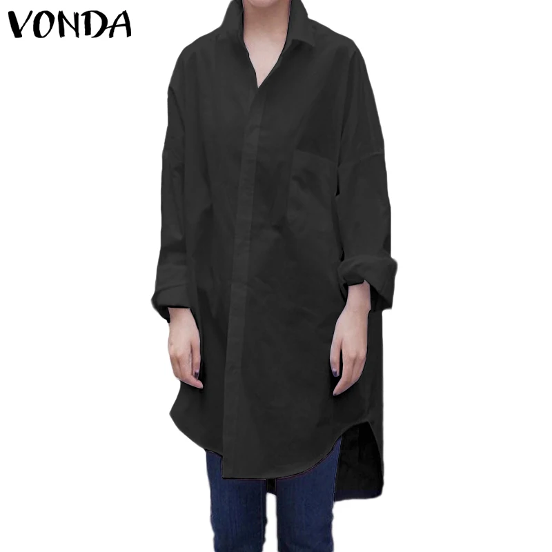 VONDA/осенние блузки и топы для беременных; женские пикантные повседневные рубашки с отложным воротником и длинными рукавами; однотонные вечерние Блузы - Цвет: Черный