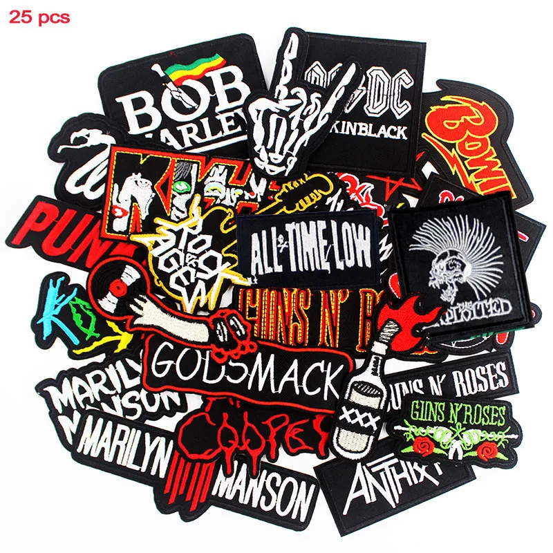 25 Pcs Heavy Meta Band Patch Patchwork Needlework Sewing Patches Iron on Rock Music Badges Punk Stickers for Clothes Jacket Jeans Handmade Diy Craft Embroidered Embroidery
