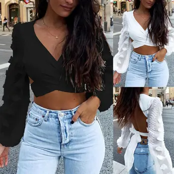 

Sexy Women Shirts female Gothic Backless Mesh Ruffle Long Sleeve Shirt Bandage Casual Tight elasticity Blouse