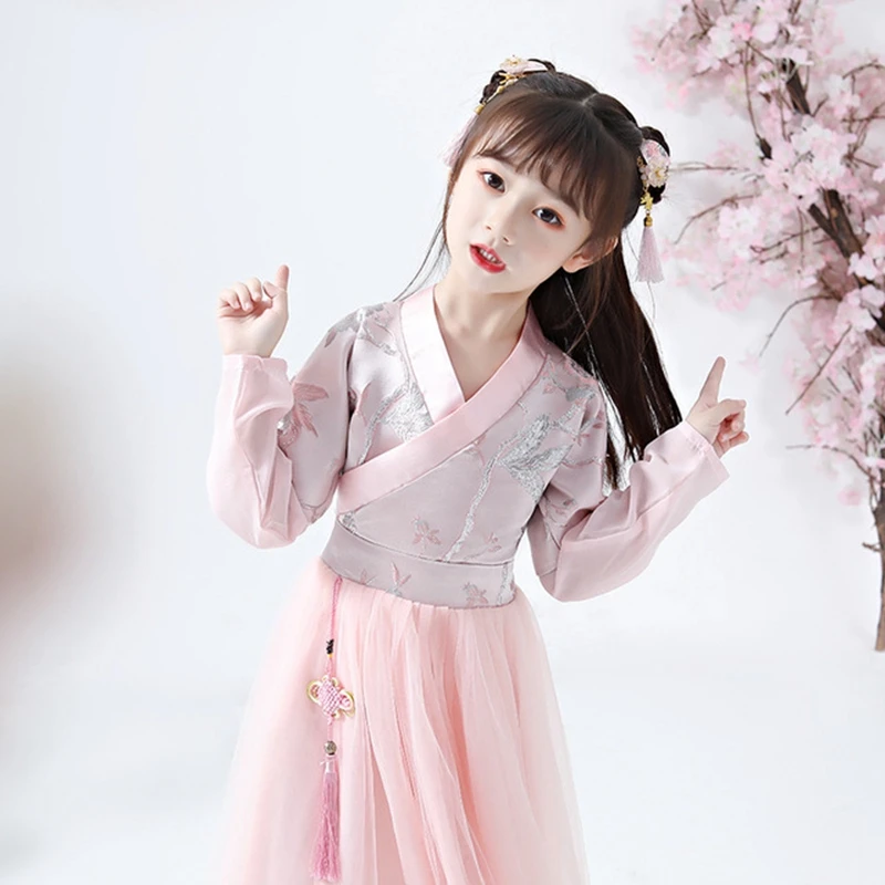 Платье принцессы с длинными рукавами; осенний китайский костюм Hanfu для девочек; платье для сцены; юбка Hanfu