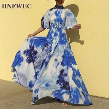 

Tie-dye Hit Color Women's Dress Lapel Collar Puff Short Sleeve High Waist With Sashes Dresses Female 2020 Casual Fashion K342