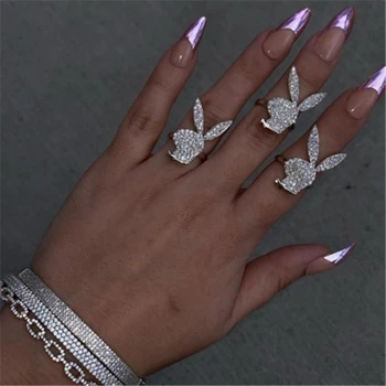 

Tianzhe Jewelry New Fashion Trend European and American Big Brand HIPPOP Street Rock Playboy Rabbit Micro-inlaid Zircon Open Rin