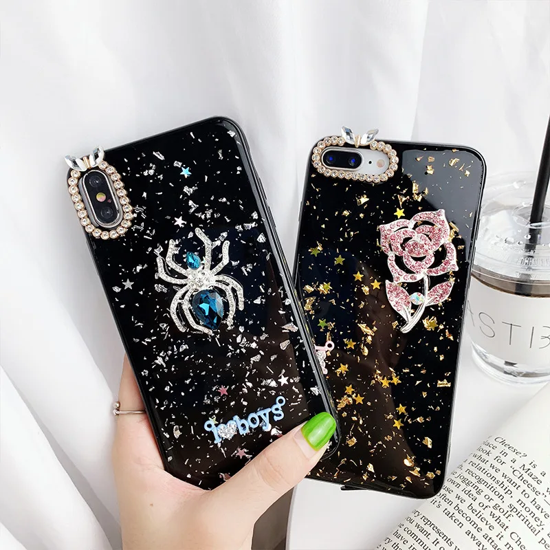 

case for iPhone 11 XR 7 8 11 Pro Max X XS Max Plus 6 6s spider rose Rhinestone sequin cover