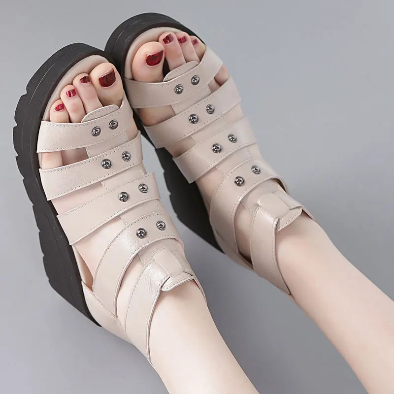 

2019 Summer New Style Genuine Leather Slanted Heel Platform Sandals Thick Bottomed Women's Korean-style Versatile Fish Mouth Rom