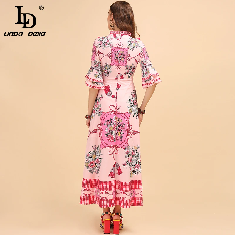 LD LINDA DELLA Fashion Runway Autumn Elegant Vintage Dress Women's Flare Sleeve Floral Printed Ruffles Ladies Party Long Dresses