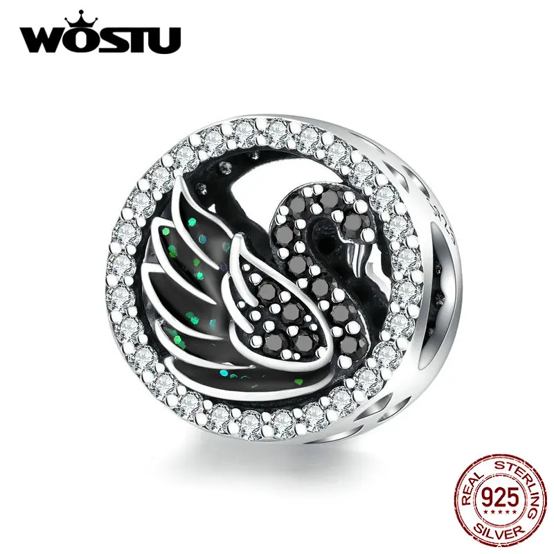 

WOSTU 2019 New Arrival 925 Sterling Silver Black Swan Beads Zircon Round Charms Fit Original Bracelet Pendant Jewelry CQC1342