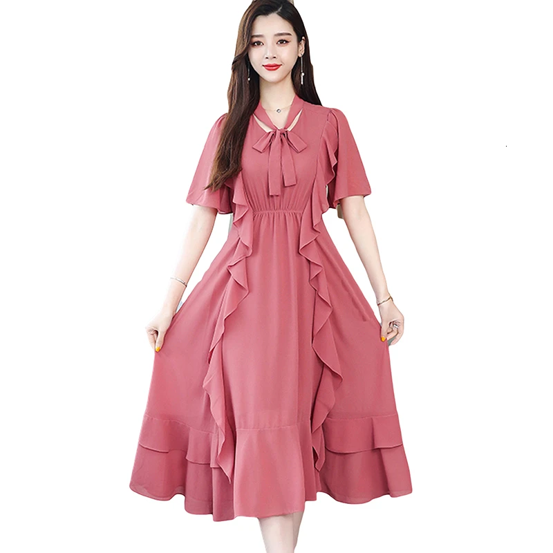 

2019 Women Summer New Chiffon Long Dresses Fashion Elegant Ruffles Patchwork Plus Size Female Dresses Bow Neck Slim Dresses