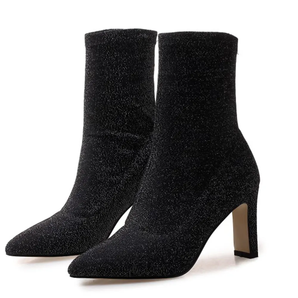 

Large size Winter Women Shoes Sexy Bling Pointed Toe Short Boot Ladies Shoes Slip-On High Heels Model Shoes Dress Shoes