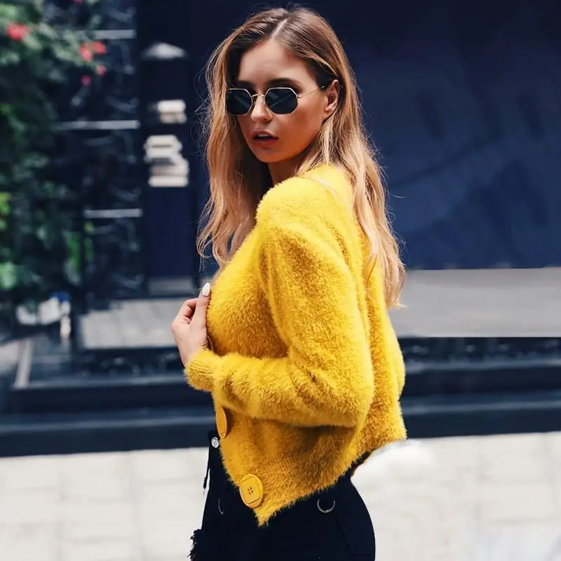 Винтажный норковый кашемировый свитер для женщин Harajuku с v-образным вырезом однобортный свитер Женский пушистый вязаный кардиган