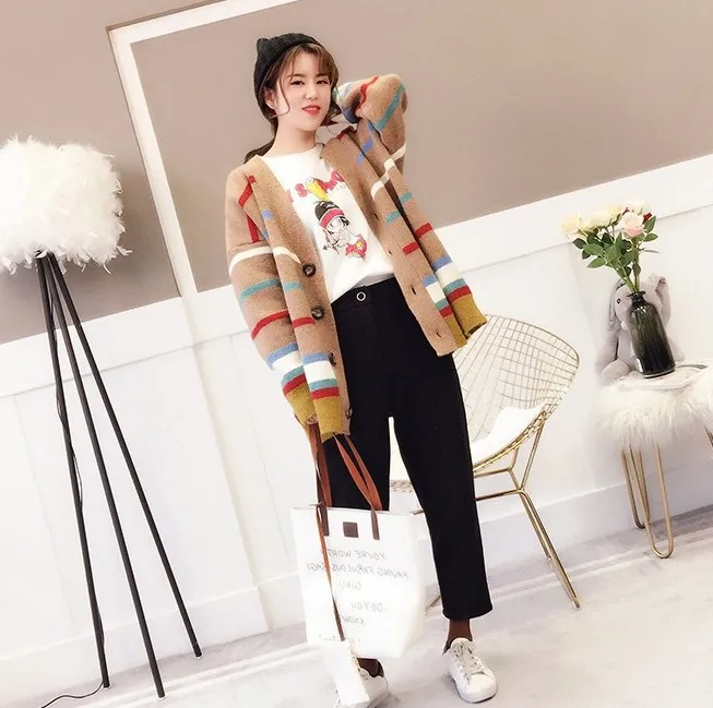 Autumn New Style Multi-color Stripe Sweater Large Size WOMEN'S Cardigan Sweater WOMEN'S Coat Versatile Mixed Colors Korean
