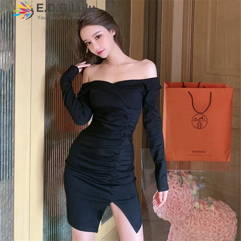 EDGLuLu black off shoulder dress bodycon strapless long sleeves vintage elegant sexy party club irregular mini slit | Женская одежда
