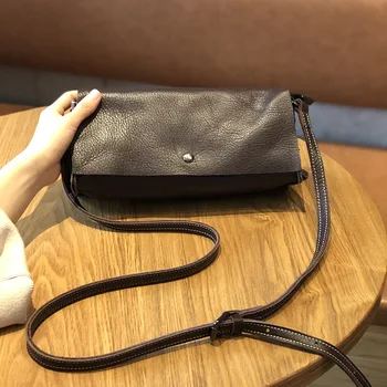 

Ellacey New Genuine Leather Crossbody Bag Korean Mori Small Square Flap Bag Simple Retro Cowhide Cow Leather Women's Bag