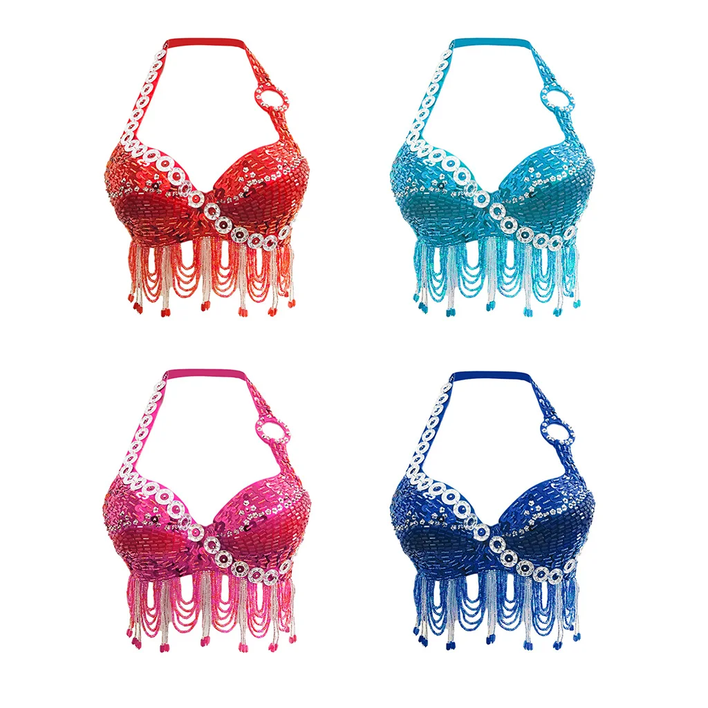 

Womens Sequin Glitter Adjustable Halter Top Dance Bra Belly Dancing Costume