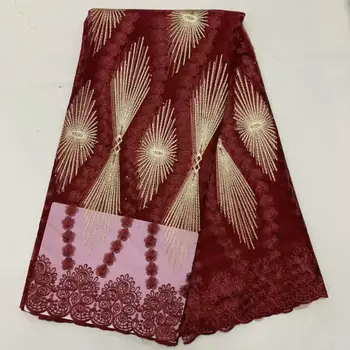 

2019 Latest French Nigerian Lace Fabrics High Quality Tulle African Lace Fabric Wine Red Gold Wedding Stones French Tulle Lace