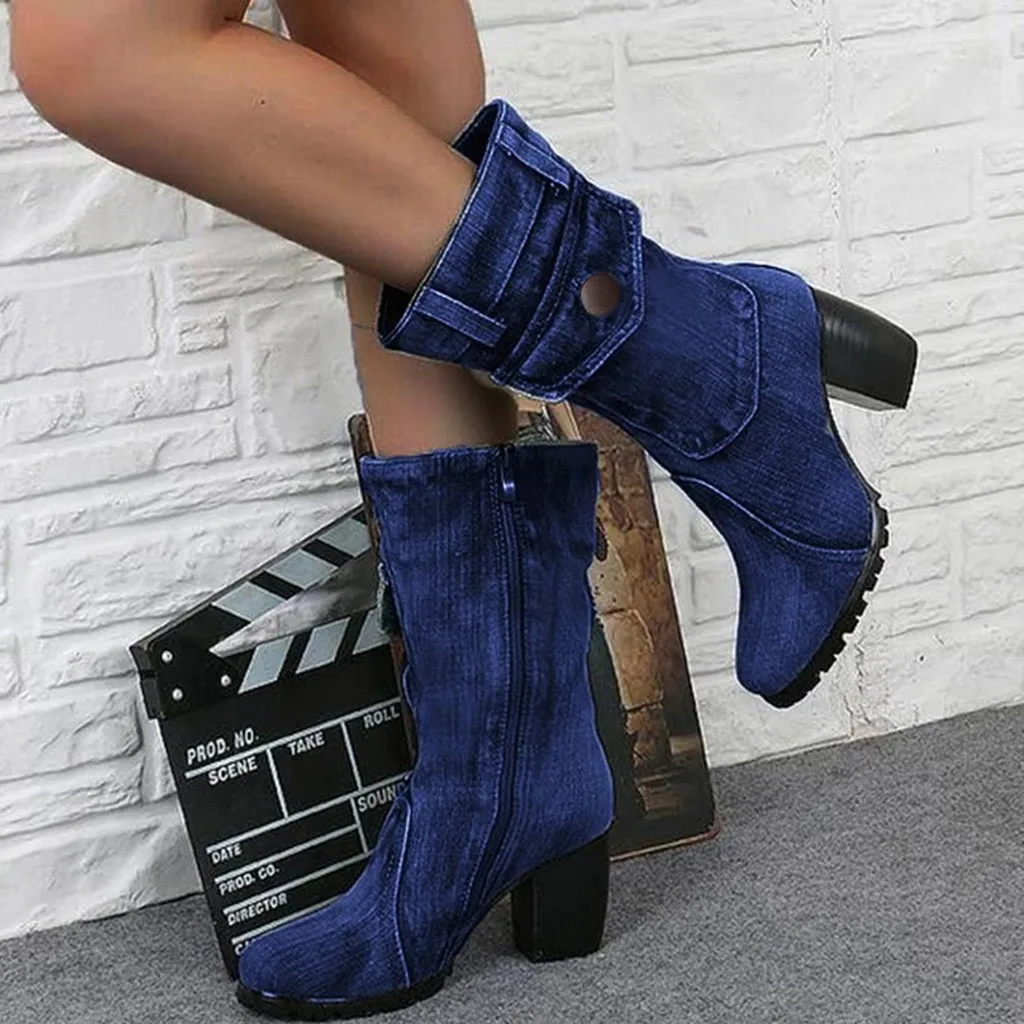 Пикантные джинсовые ботинки; женские короткие ботильоны; зимние джинсовые ботинки на среднем каблуке; коллекция года; женские стильные джинсовые ботинки; обувь на молнии в ковбойском стиле - Цвет: B