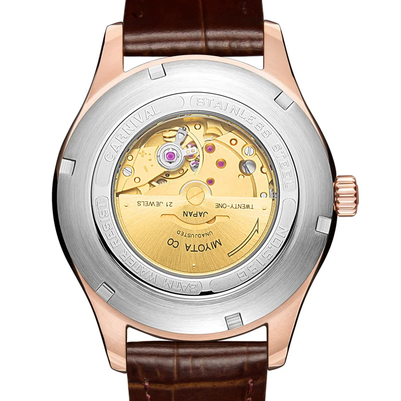 New Fashion top luxury brand CARNIVAL watches men automatic mechanical leather strap 3D cock dial clock MIYOTA movement relogio