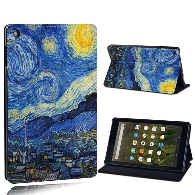 Amazon Fire 7 5/7/9th Gen / Fire HD 8 / 10 with alexa Printed Painting PU Leather Tablet Stand Folio Cover Case